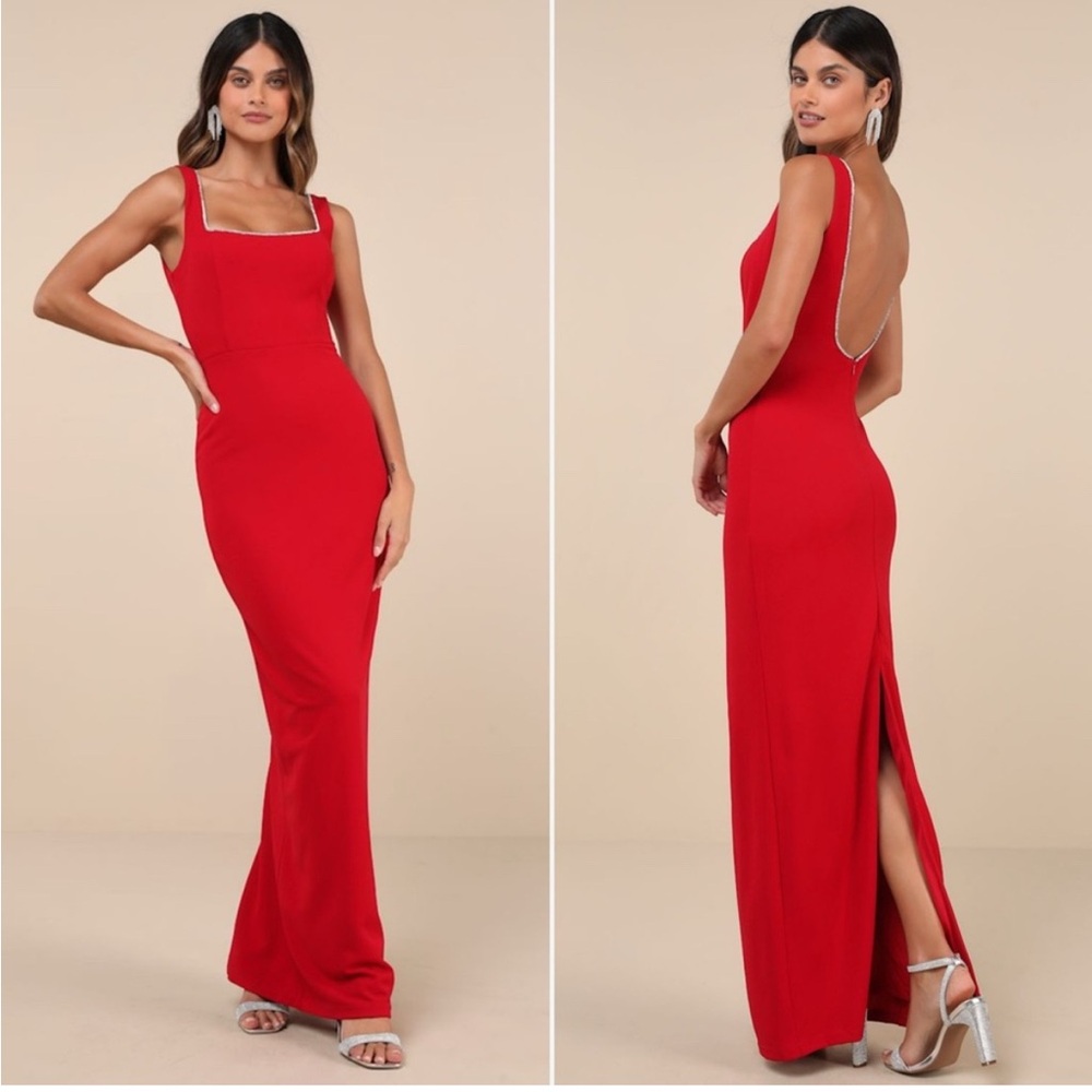 Lulus Timeless Poise Red Rhinestone Square Neck Backless Maxi Dress